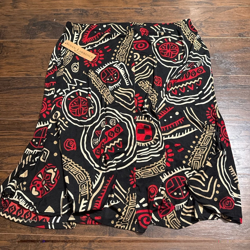 Susan Lawrence Skirt 3X Black Red Tribal Print A Line Stretch Pull On Midi USA - Picture 8 of 8
